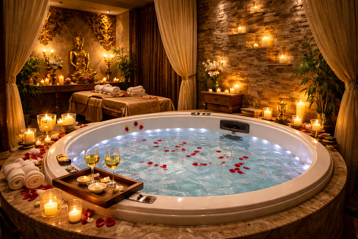 Private jacuzzi suite with rose petals at Just Relax Thai Spa